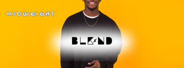 "heavyweight" typed across a cream hoodie. BLKxND logo in black in the upper right corner